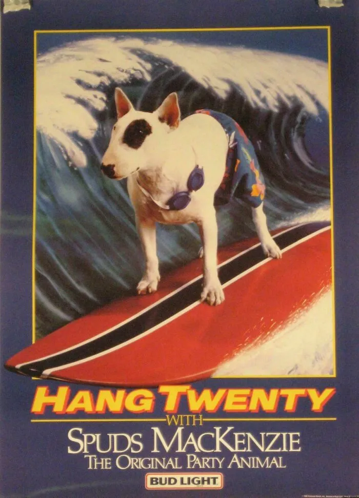 Poster of a dog surfing with Bud Light branding referencing Gen X childhood