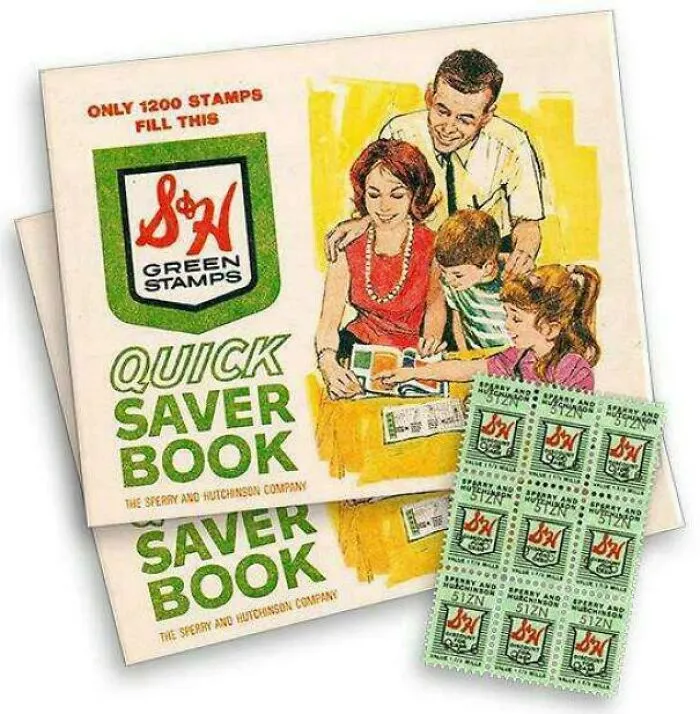 Vintage S&H Green Stamps saver book and stamps from Gen X childhood savings