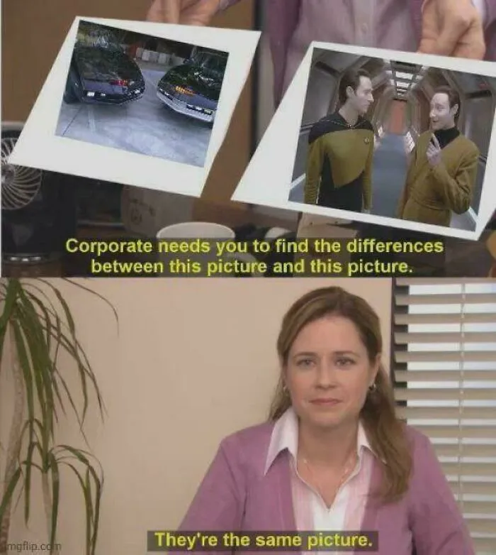Meme of The Office comparing two images as identical with Gen X childhood humor