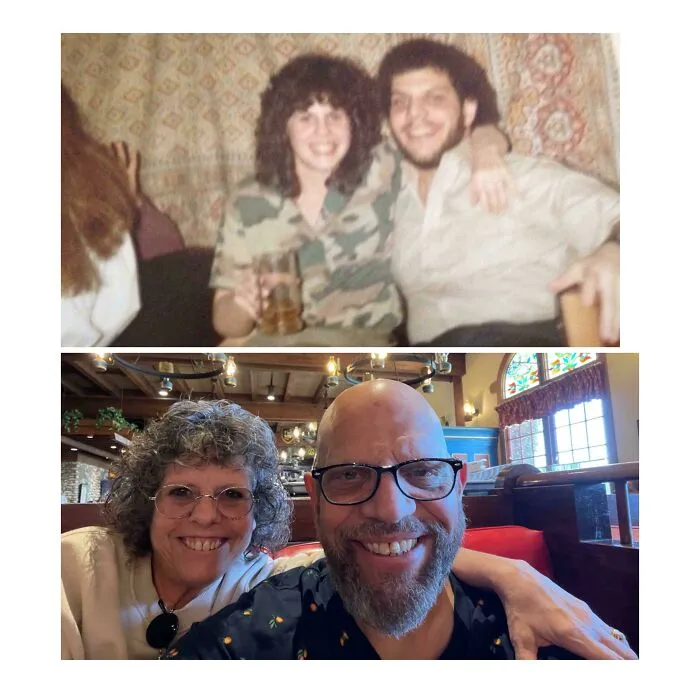 Me And My Wife (Then Girlfriend) In College In 1981 And A Few Months Ago. Married 42 Years