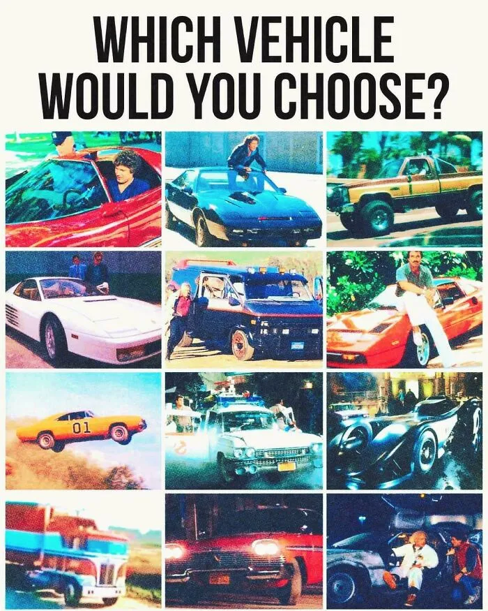 Collage of iconic vehicles from 80s TV shows and movies for Gen X nostalgia