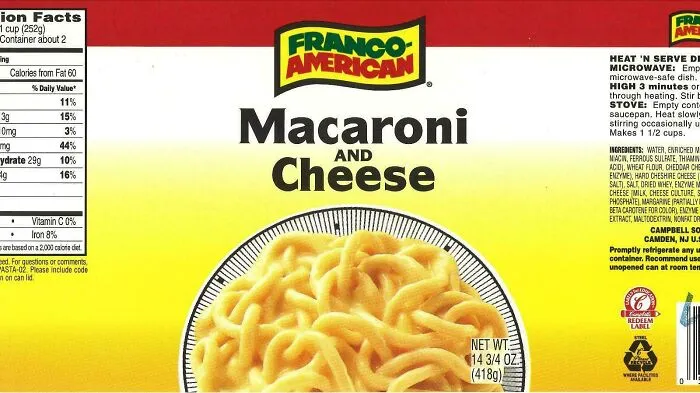 Franco-American macaroni and cheese product label with cooked pasta image