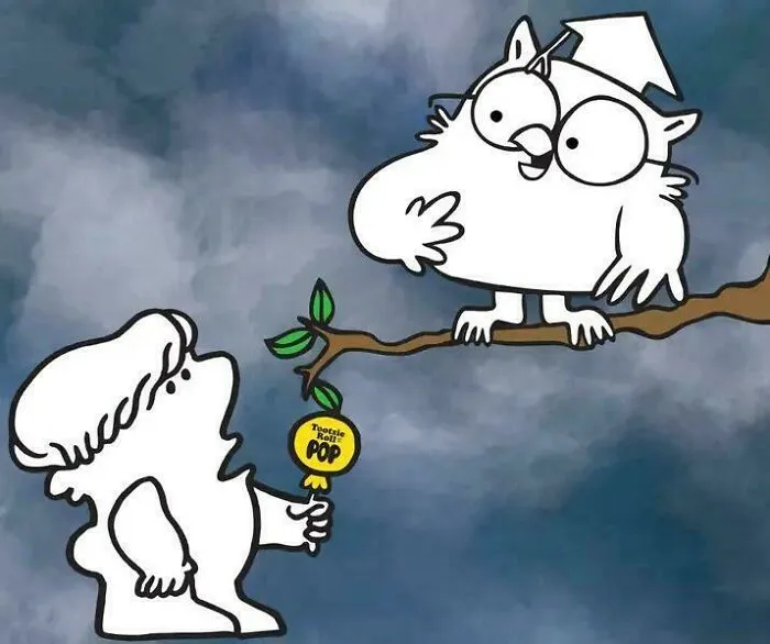 Cartoon of child holding Tootsie Roll Pop near owl on tree branch nostalgic childhood snack