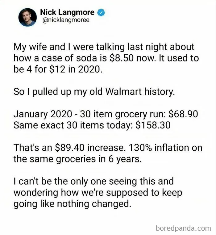 A tweet by Nick Langmore detailing grocery price increases, reflecting disturbing levels of dystopia and inflation in the USA.