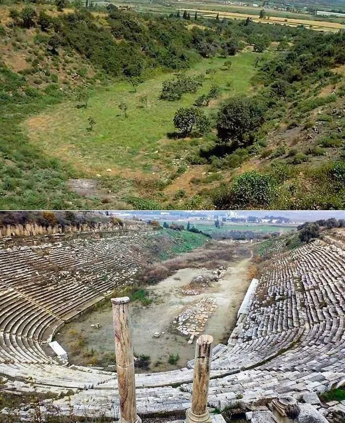 Before And After Of The Excavation Of The Ancient Greek Stadium