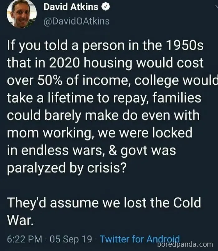 A tweet by David Atkins describing how economic and societal conditions in 2020 point to disturbing levels of dystopia in the USA.