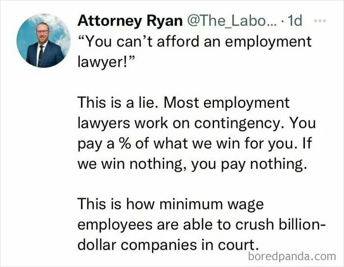 A tweet by Attorney Ryan about employment lawyers working on contingency, helping minimum wage employees in USA dystopia.