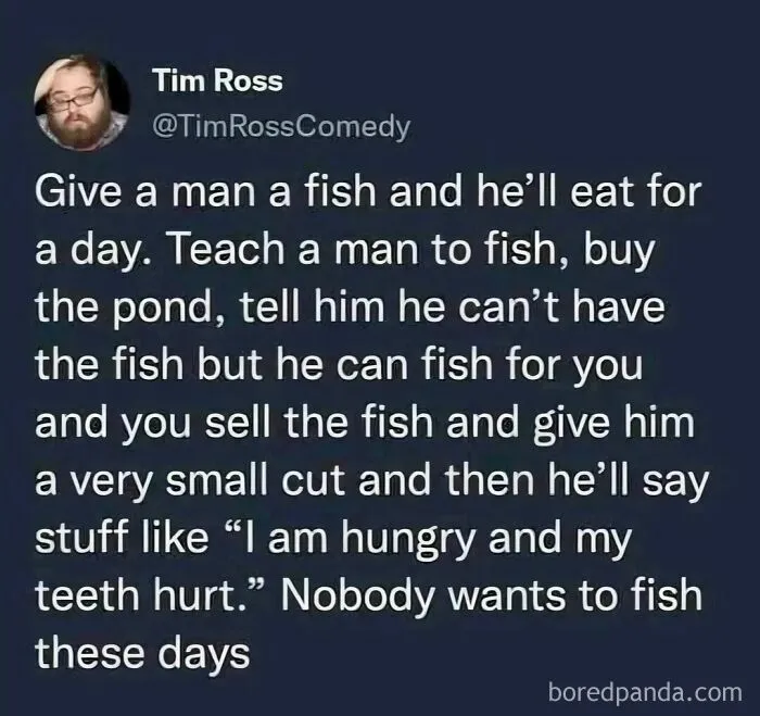 Tweet by Tim Ross about the disturbing levels of dystopia in the USA, discussing fishing rights and labor.