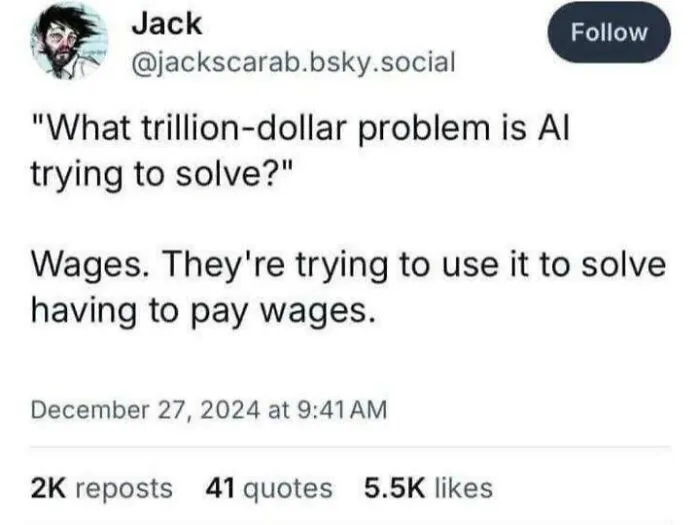 A tweet questioning AI's purpose, suggesting it aims to avoid paying wages, showing USA dystopia.