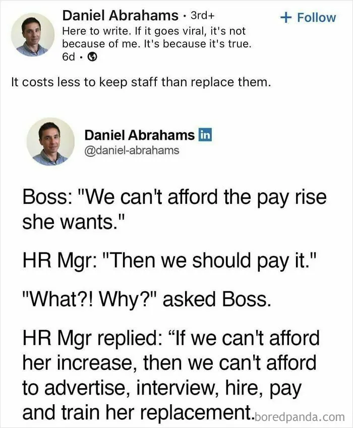 A tweet by Daniel Abrahams illustrates a disturbing dystopia in the USA where bosses refuse pay raises, not realizing replacement costs.