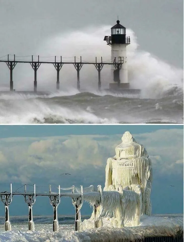 A Lighthouse In Michigan, Before And After Major Ice Storm
