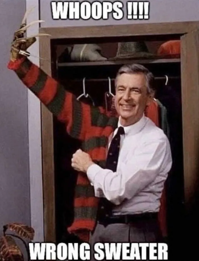 Man wearing Freddy Krueger sweater with claws in nostalgic childhood meme
