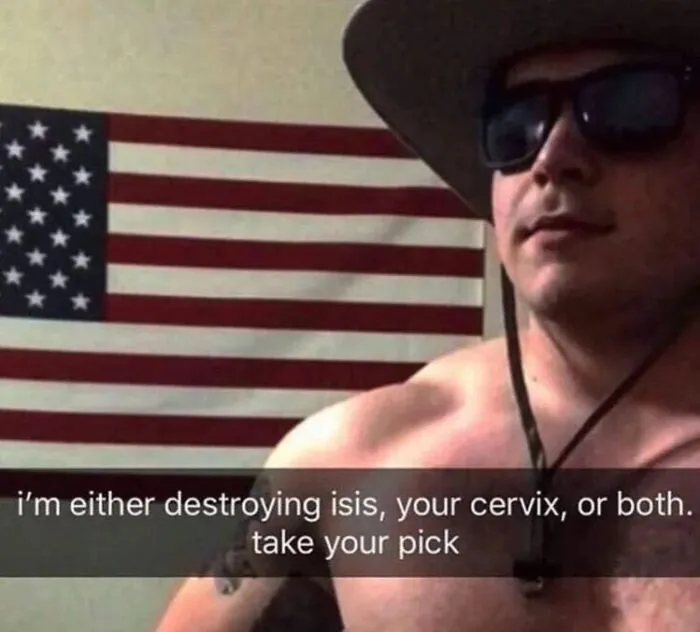 Shirtless man wearing hat and sunglasses in front of American flag with tough guy caption