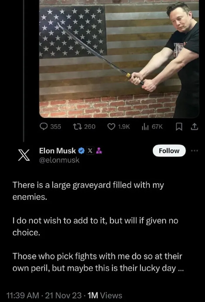 Elon Musk posing with a sword next to an American flag in tough guys image