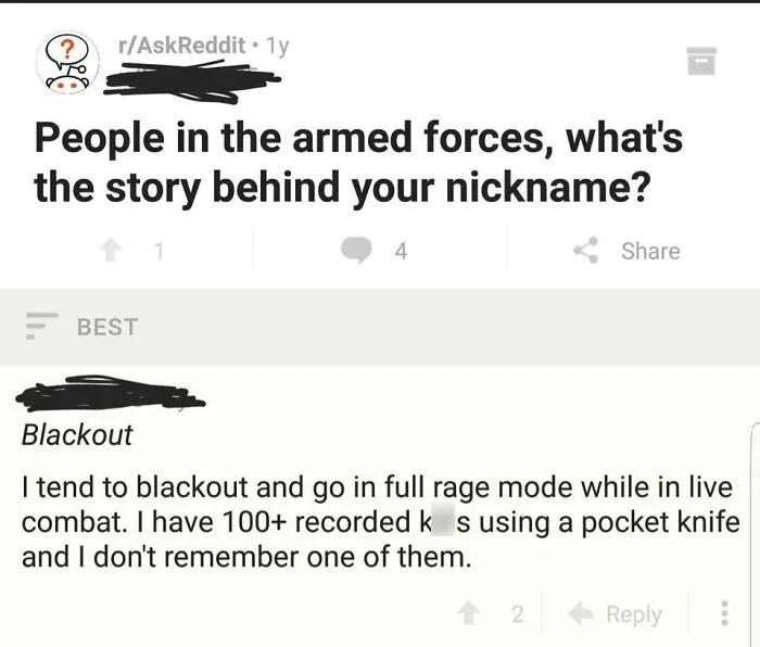 Reddit post about armed forces nickname Blackout describing rage mode and kills in combat
