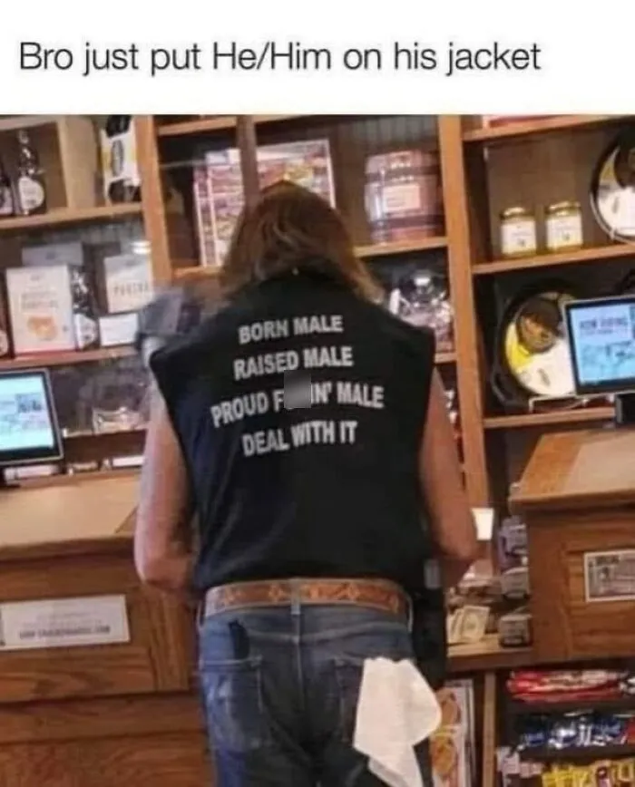 Man wearing jacket with tough guy slogans in store