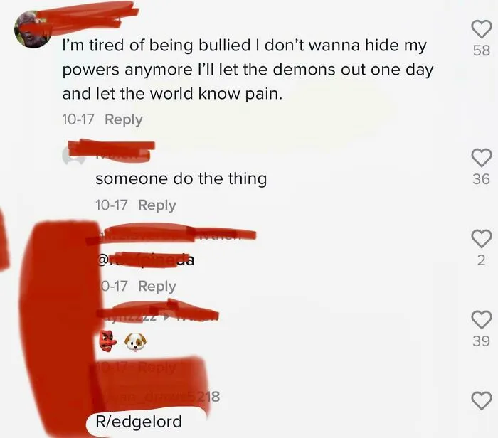 Edgelord comments showing tough guys trying to look cool on social media