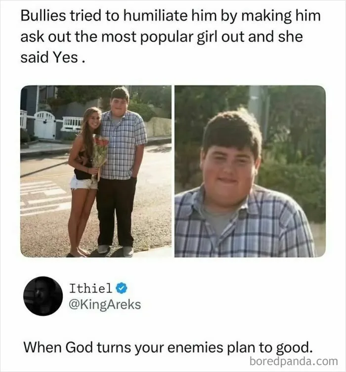 Teen couple photo meme about bullying with positive twist