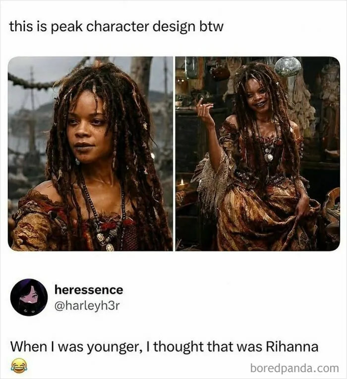 Photos of character mistaken for Rihanna showing peak character design meme