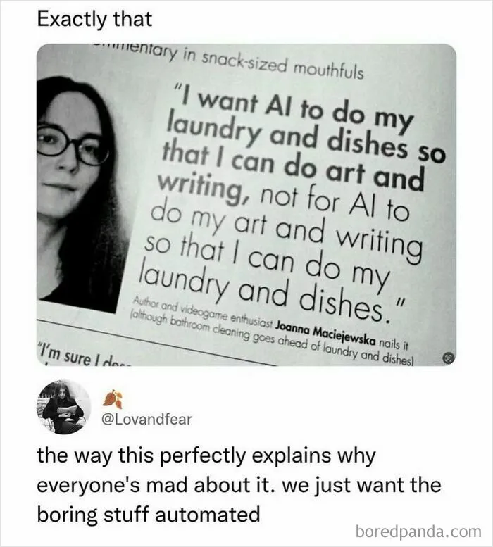 Quote about wanting AI to do laundry and dishes to focus on art and writing meme