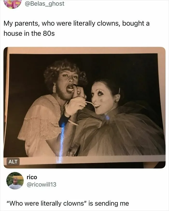 Vintage photo of two people dressed as clowns with humorous caption on 80s house buying