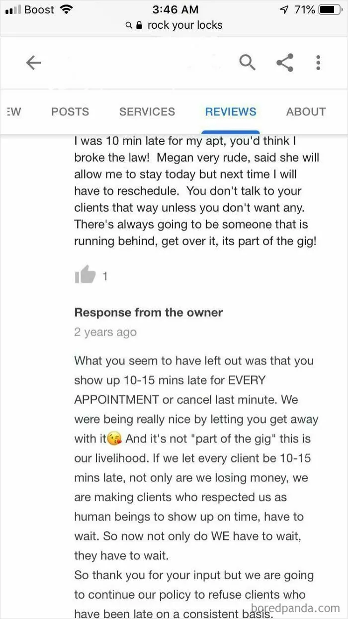Online review dispute showing business refusing chronic late clients