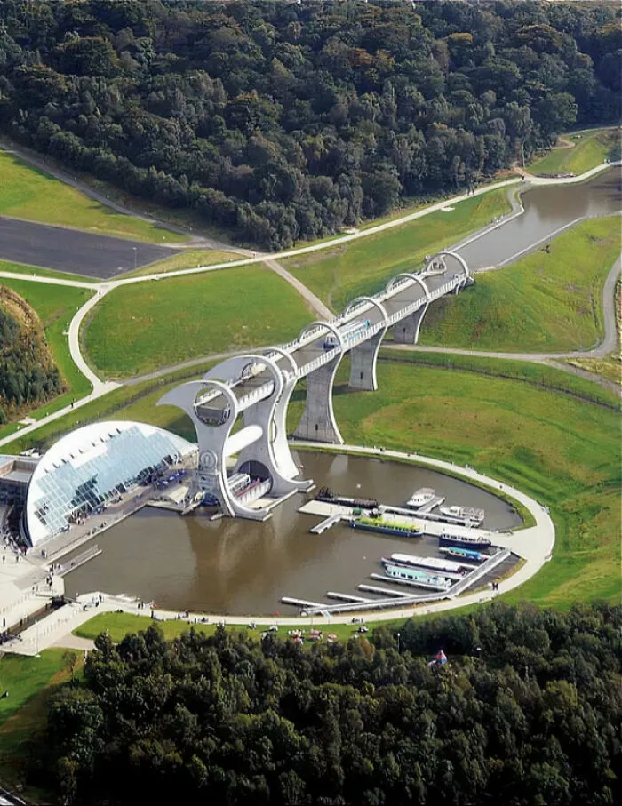 The Falkirk Wheel boat lift in Scotland, a unique piece of engineering and canal infrastructure.
