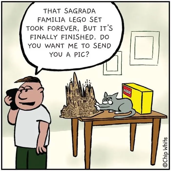 Blob life comics cartoon of a man on the phone while a grey cat knocks over a Lego castle