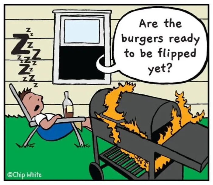 Blob Life Comics showing a man sleeping in a chair next to a burning grill in a backyard