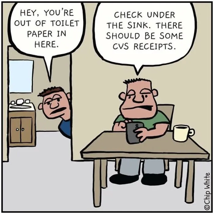 Blob Life Comics panel with a man suggesting using long CVS receipts as a substitute for toilet paper.
