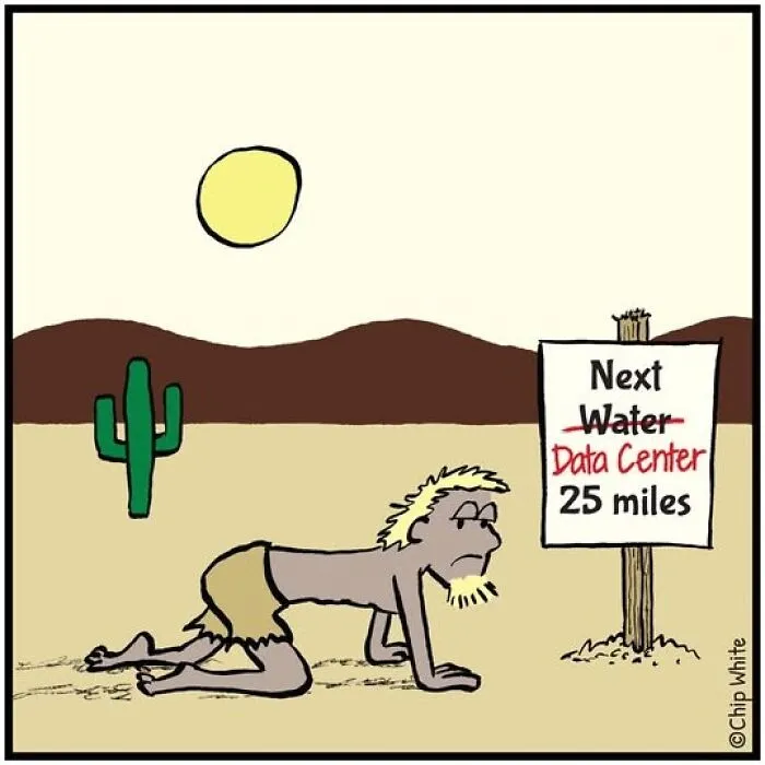 Blob Life Comics showing a man crawling in a desert toward a sign pointing to a data center
