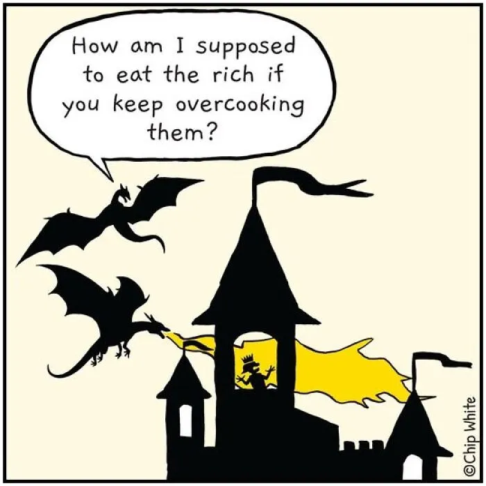 Blob Life Comics panel of dragons burning a castle, with one asking how to eat the rich without overcooking.