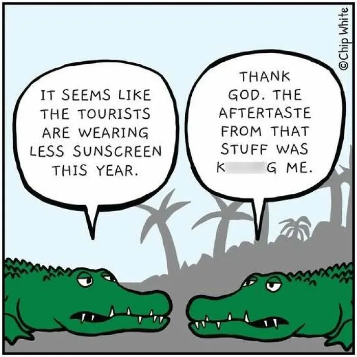 Blob Life Comics showing crocodiles complaining about sunscreen on tourists