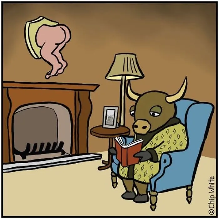 A bull reading a book under a mounted human legs trophy, a humorous blob life comics style scene.