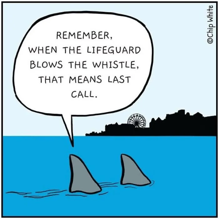 Sharks talking about lifeguard whistle in water, in a blob life comics style.