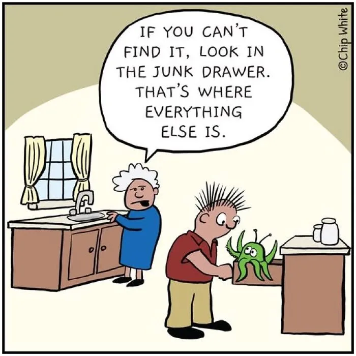 Blob life comics drawing of a man finding a green alien in a kitchen junk drawer.