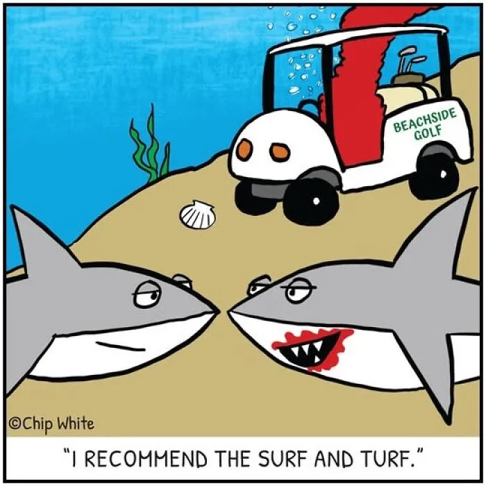 Blob Life Comics depicting two sharks discussing a golf cart underwater and recommending surf and turf