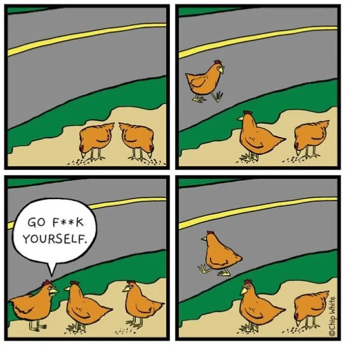 Blob life comics illustration of chickens talking and crossing a road with speech bubble.