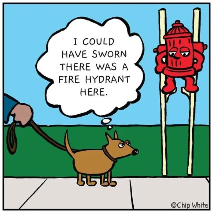 Blob Life Comics illustrating a dog looking for a fire hydrant that is hiding on stilts