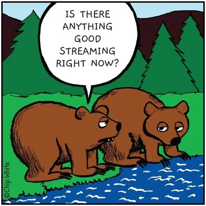 Blob Life Comics showing two bears looking at a river asking if anything good is streaming