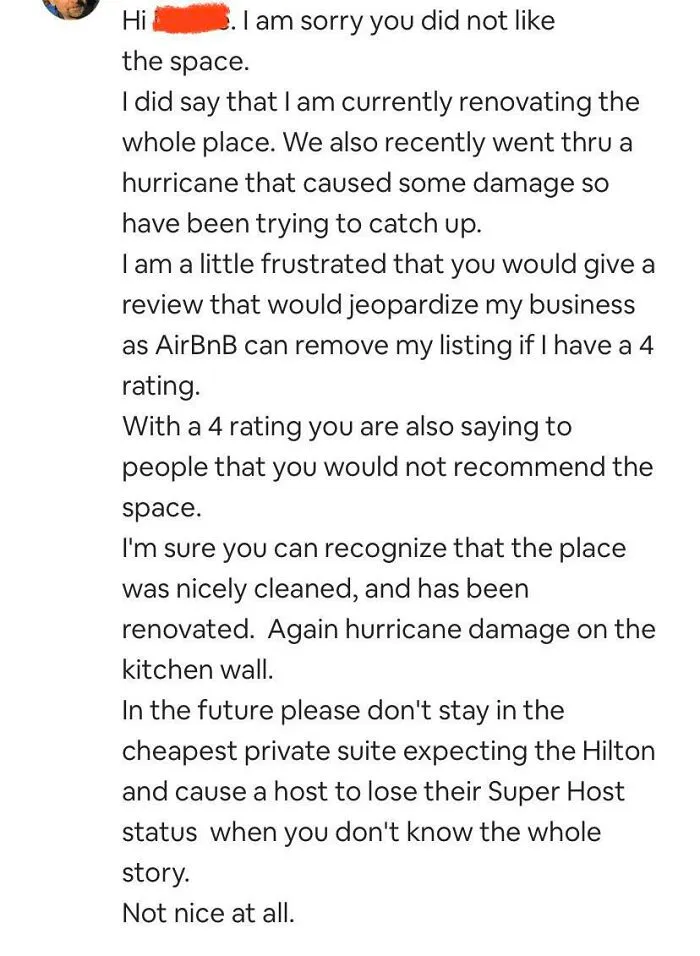 Host response about ongoing renovations and hurricane damage in Airbnb space