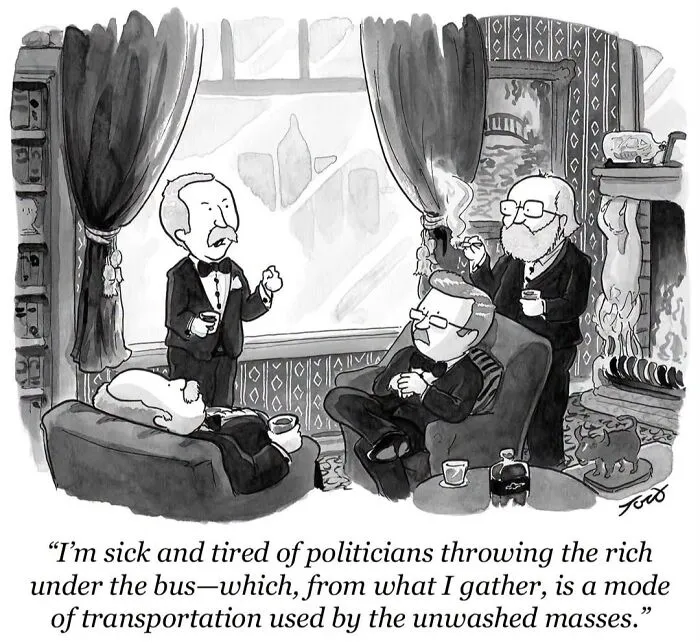Tom Toro cartoon of men discussing politics with satire on politicians and rich.