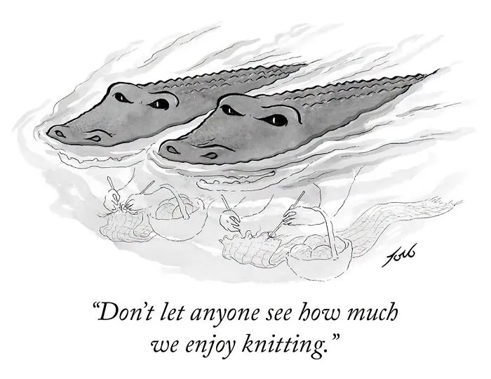 Crocodiles secretly enjoying knitting in a witty one-panel cartoon by Tom Toro