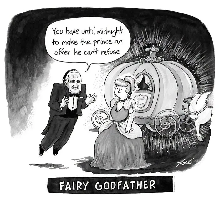 Fairy godfather urging Cinderella to make an offer in a clever cartoon by Tom Toro
