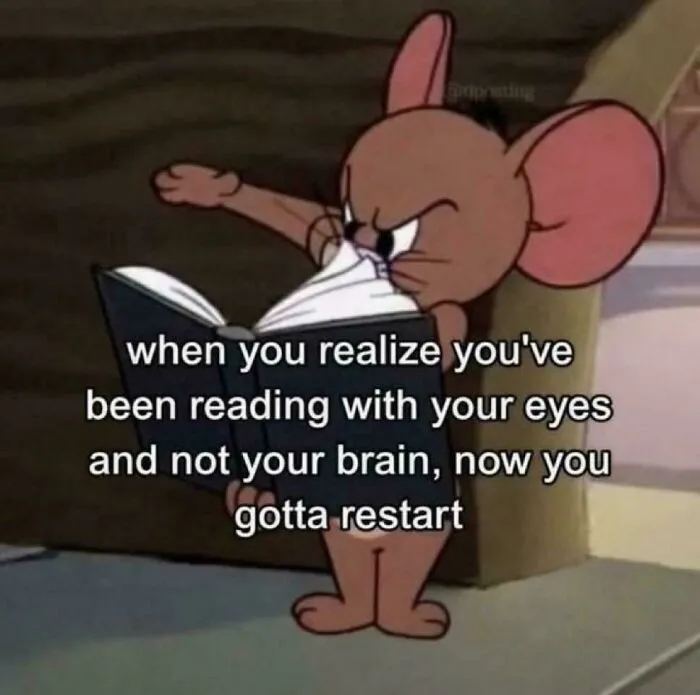 Jerry the mouse looking angry while reading, a funny ADHD memes representation of losing focus.