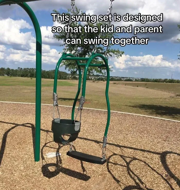 Swing set designed for kid and parent to swing together at playground