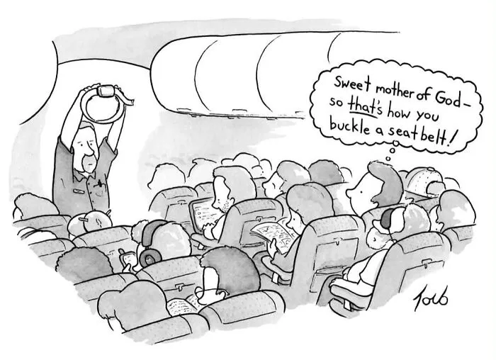 Comic of passengers on a plane watching a demonstration on buckling a seatbelt, featuring clever cartoon humor.
