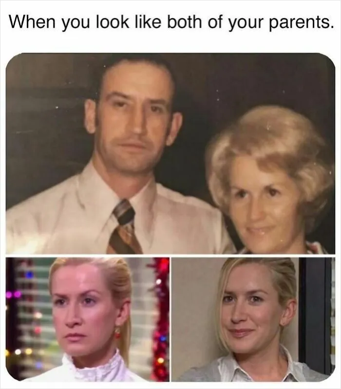 Relatable meme about resembling both parents in family photos