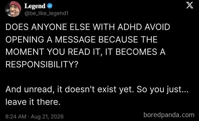 Funny ADHD memes about avoiding messages to dodge responsibilities