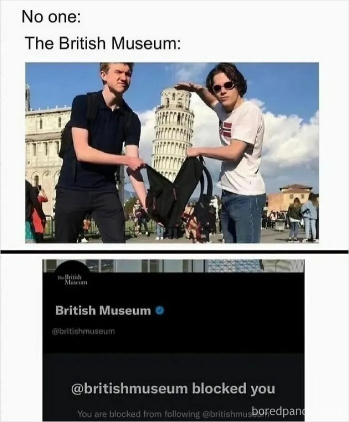 British Museum meme with tourists and a blocking message on Twitter